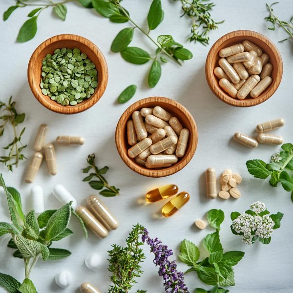Kompozycja w stylu flat lay przedstawiająca naturalne suplementy. Trzy drewniane miseczki wypełnione są zielonymi płatkami i beżowymi kapsułkami. Wokół nich na jasnym blacie rozrzucone są świeże gałązki ziół (szałwia, tymianek) oraz dodatkowe tabletki w kolorach beżowym, białym i złotym.